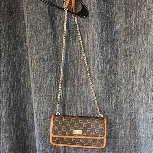 Brown Monogram Chain Crossbody Bag with Tan Trim